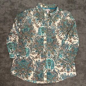 JCP Silk Blend Paisley Button Down Shirt Teal Orange Womens Large 3/4 Sleeve
